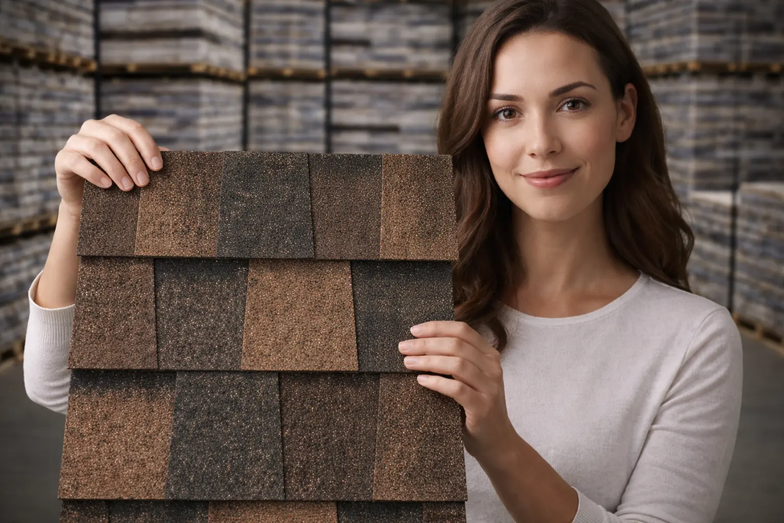 Landmark AR Color Shade Burnt Sienna Saint Gobain Asphalt Roofing Shingles a women showing the Landmark AR