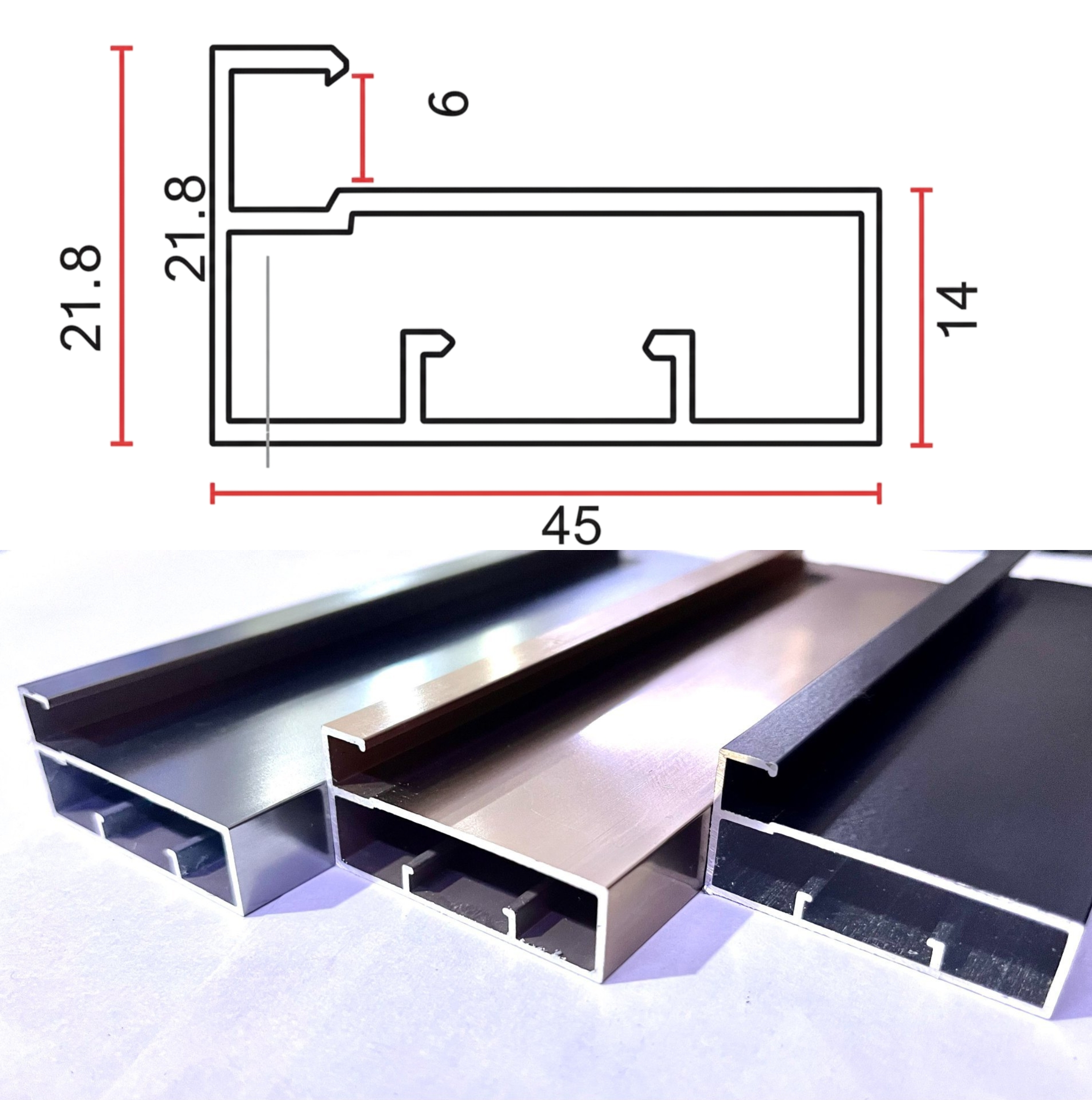 45 mm Aluminium Profile for 4 to 5 mm Glass Diagram & Finish Image