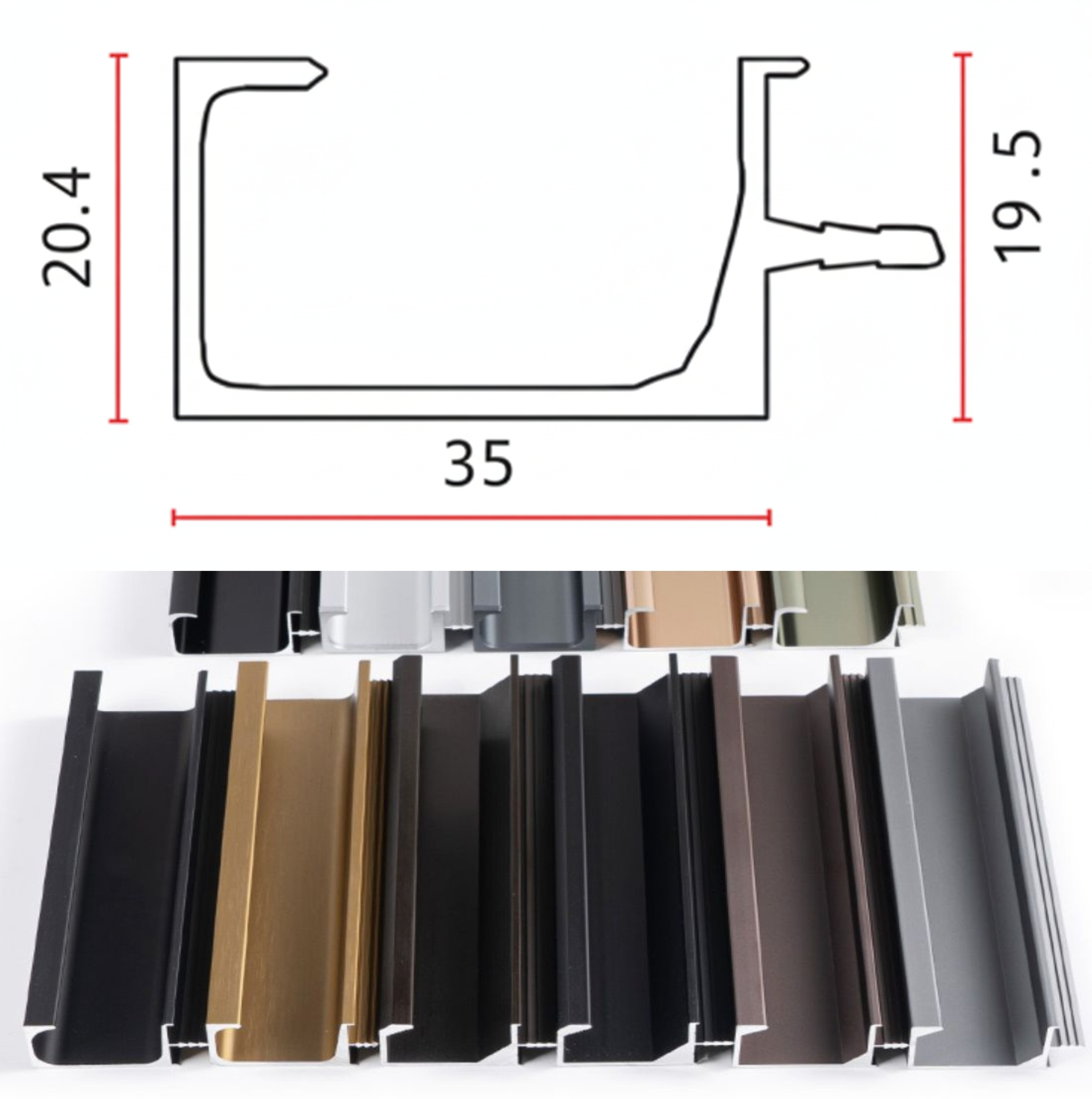 Aluminum Small 'G' Profile Handle Diagram & Finish Image