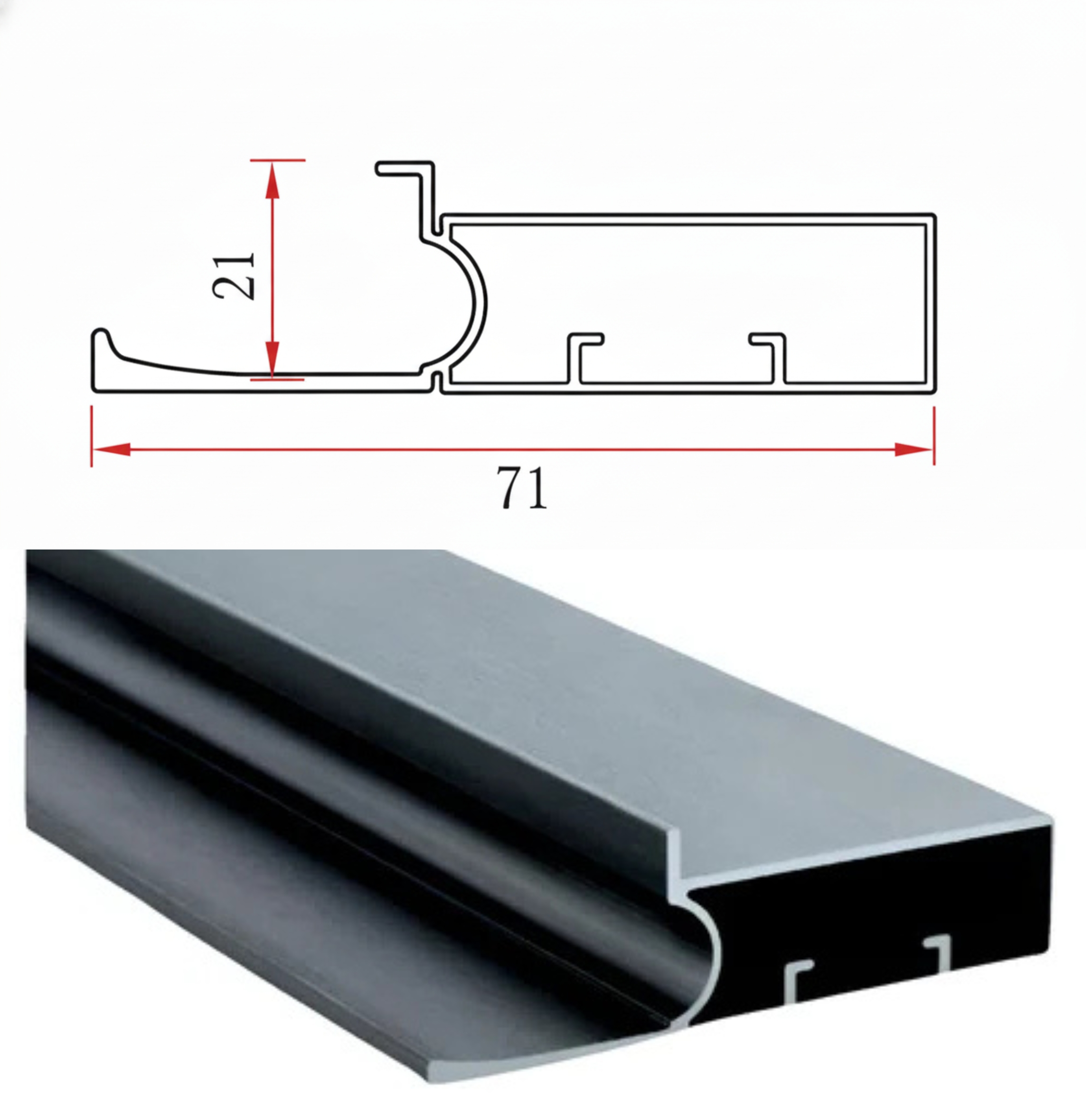 72mm Aluminium Profile Handle with 21mm Recessed - Aluminium Color