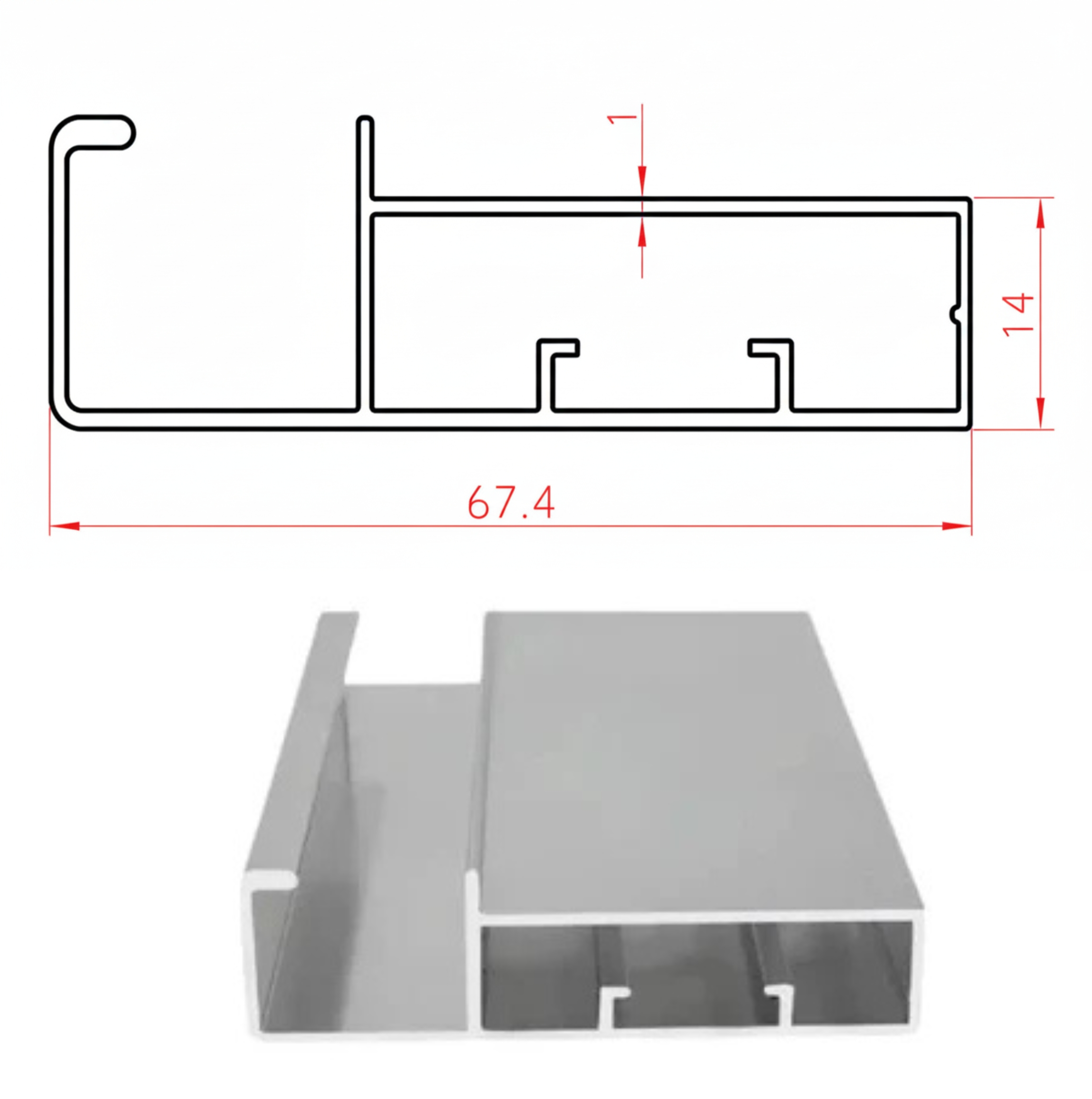 68mm Aluminium Glass Profile Handle Diagram & Finish Image